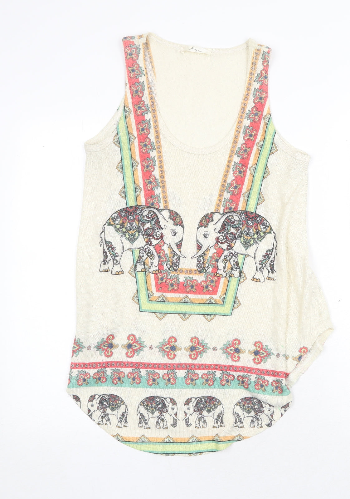 Logo Womens Beige Geometric Polyester Basic Tank Size M Round Neck - Elephant