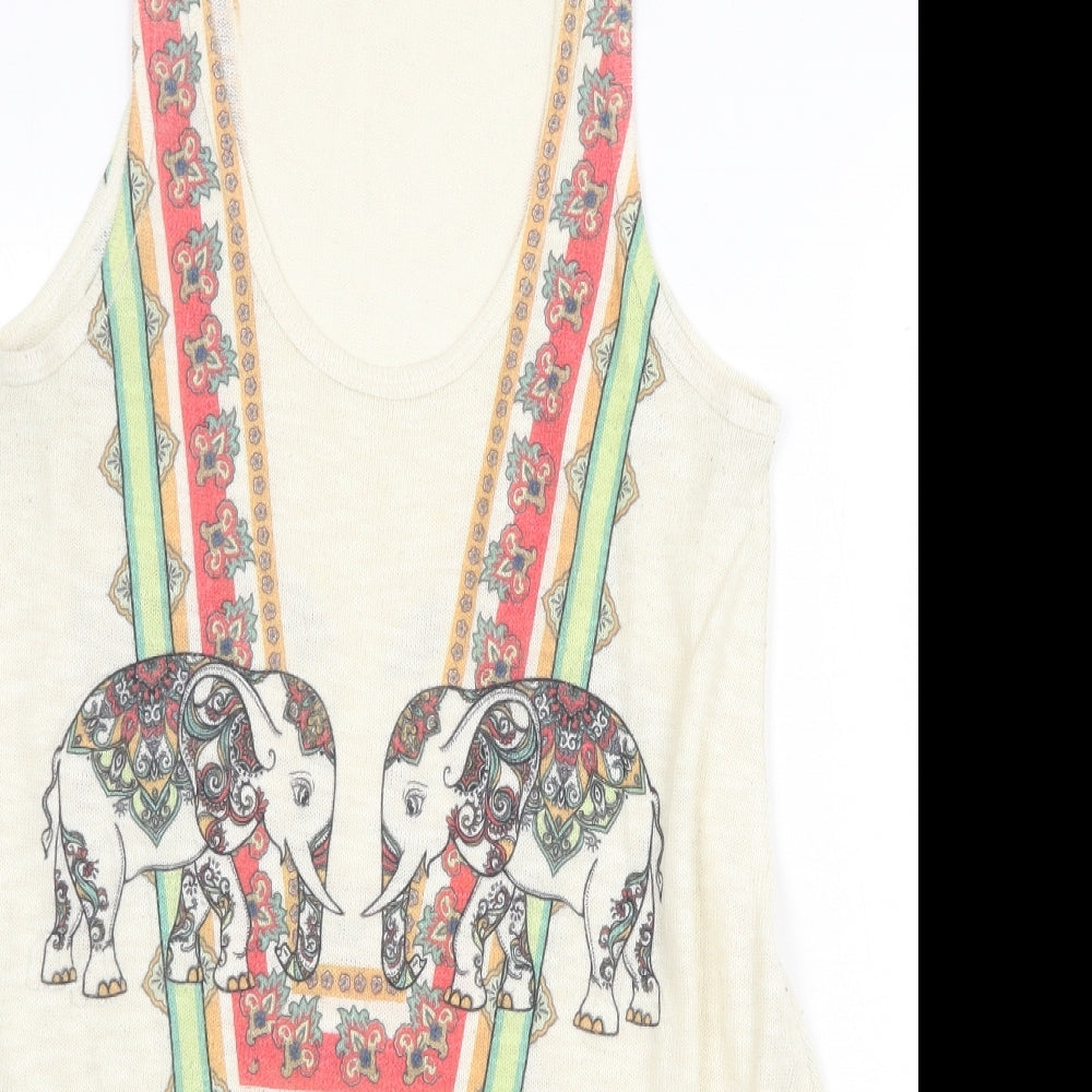 Logo Womens Beige Geometric Polyester Basic Tank Size M Round Neck - Elephant