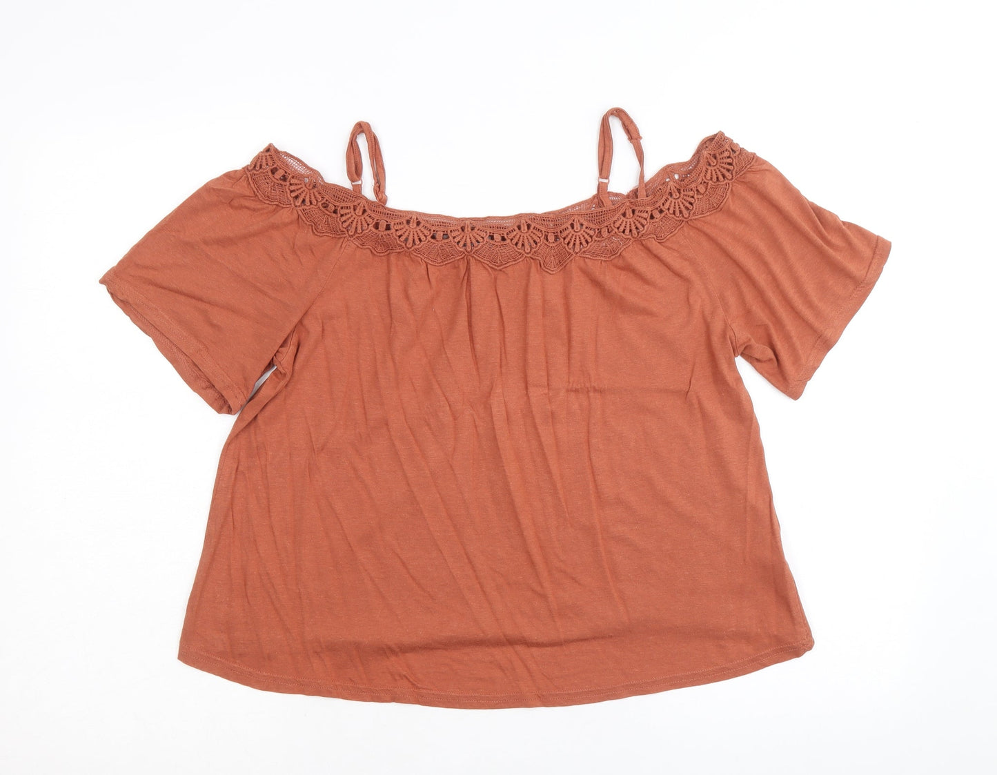 New Look Womens Brown Cotton Basic Blouse Size 10 Scoop Neck - Crochet Trim Cold Shoulder