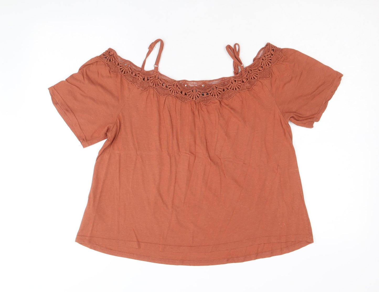New Look Womens Brown Cotton Basic Blouse Size 10 Scoop Neck - Crochet Trim Cold Shoulder