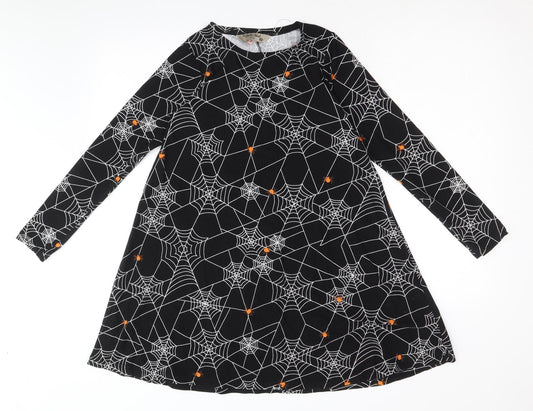 Poetic Soul Girls Black Geometric Polyester A-Line Size 11-12 Years Round Neck Pullover - Spider Web Halloween