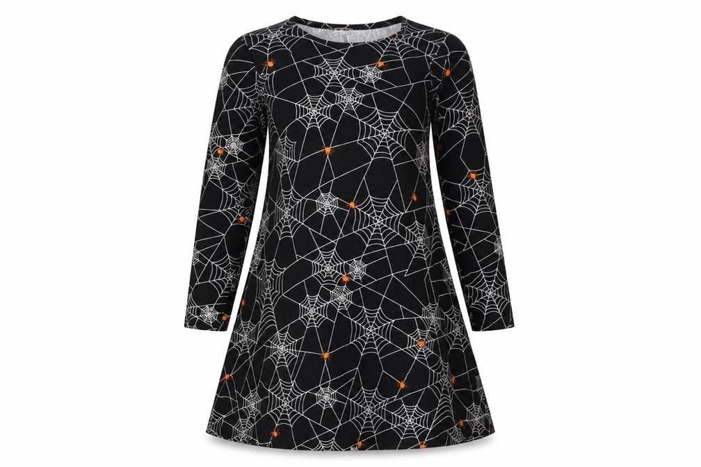Poetic Soul Girls Black Geometric Polyester A-Line Size 11-12 Years Round Neck Pullover - Spider Web Halloween