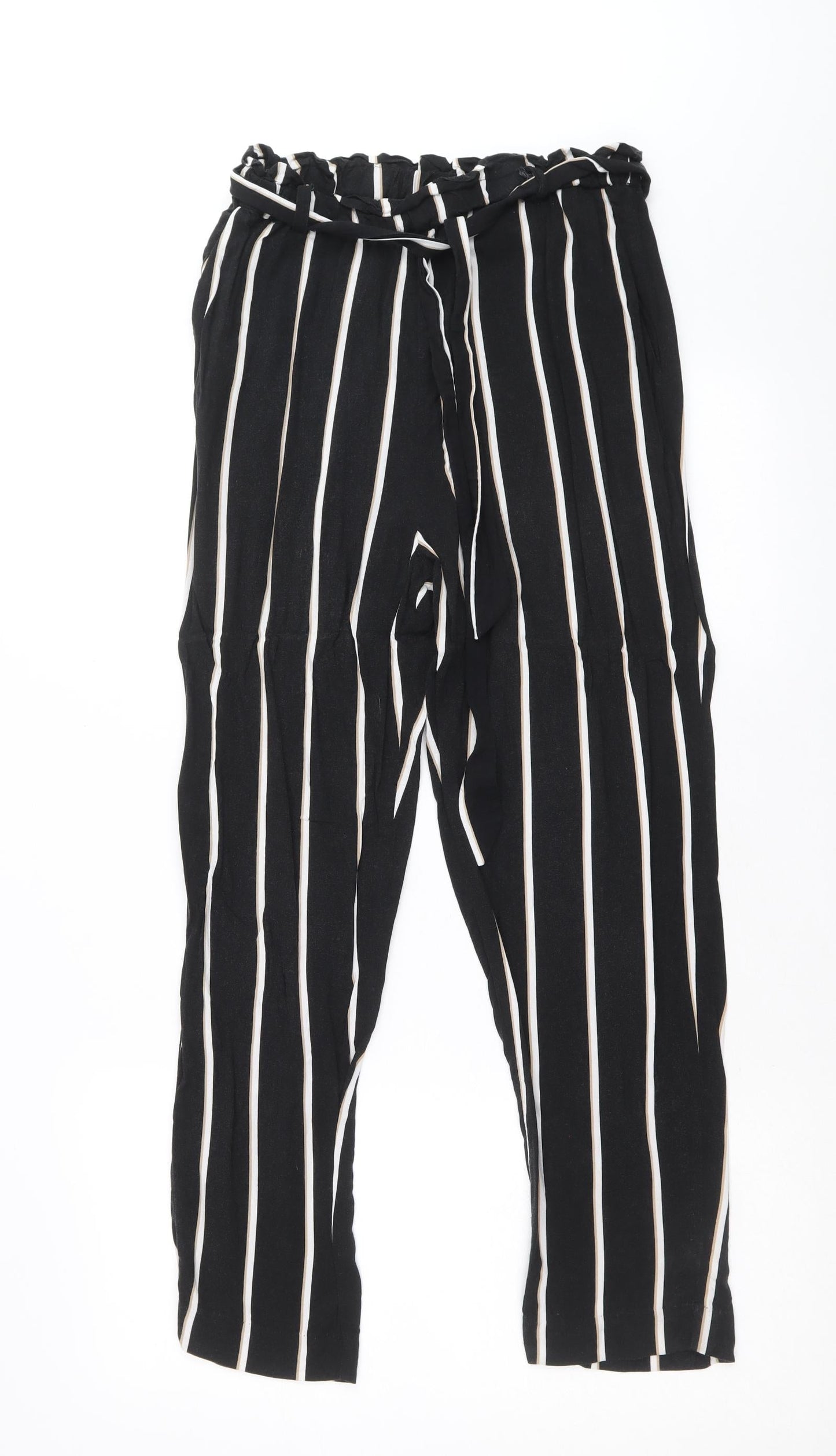 H&M Womens Black Striped Viscose Trousers Size 8 Regular Tie
