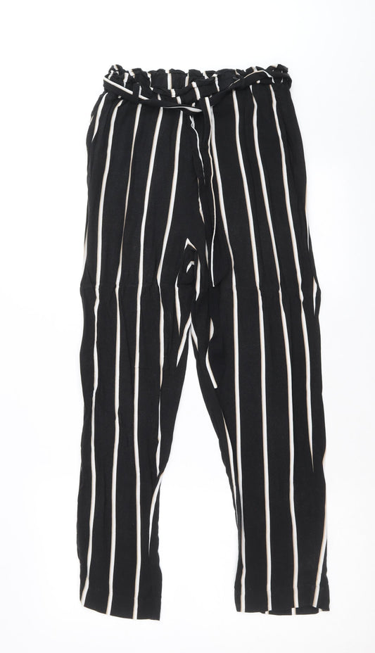 H&M Womens Black Striped Viscose Trousers Size 8 Regular Tie