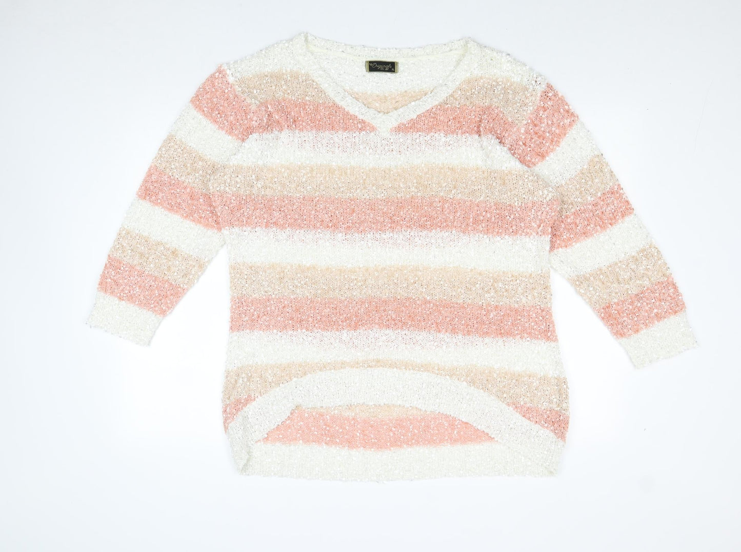 Originals Knitwear Womens Pink V-Neck Striped Polyester Pullover Jumper Size XL