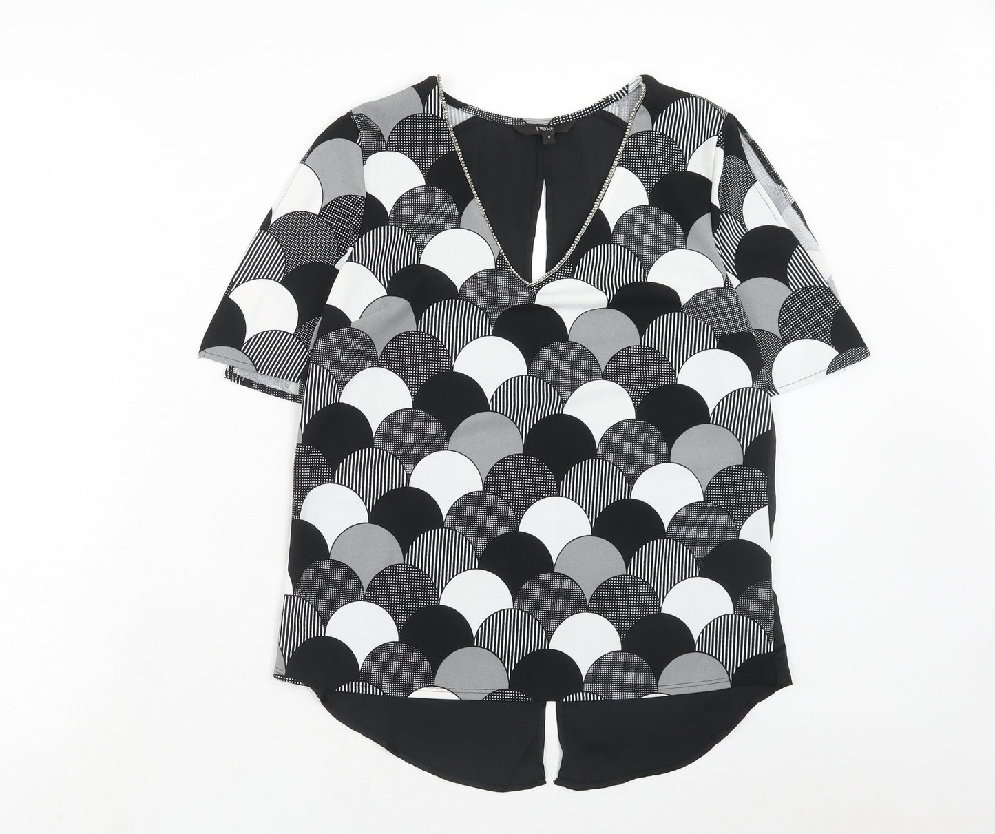 NEXT Womens Black Geometric Polyester Basic Blouse Size 8 V-Neck