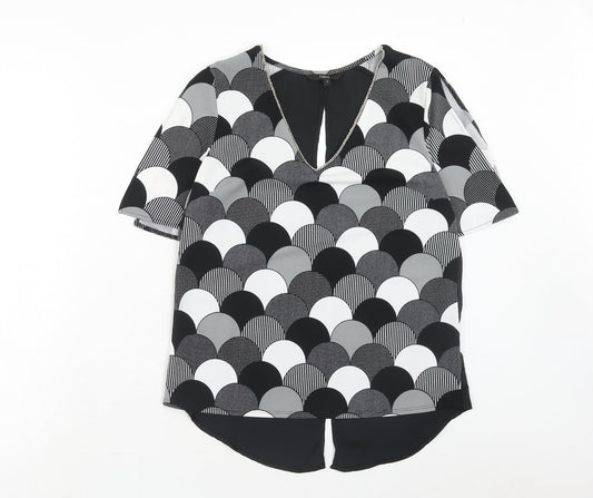NEXT Womens Black Geometric Polyester Basic Blouse Size 8 V-Neck