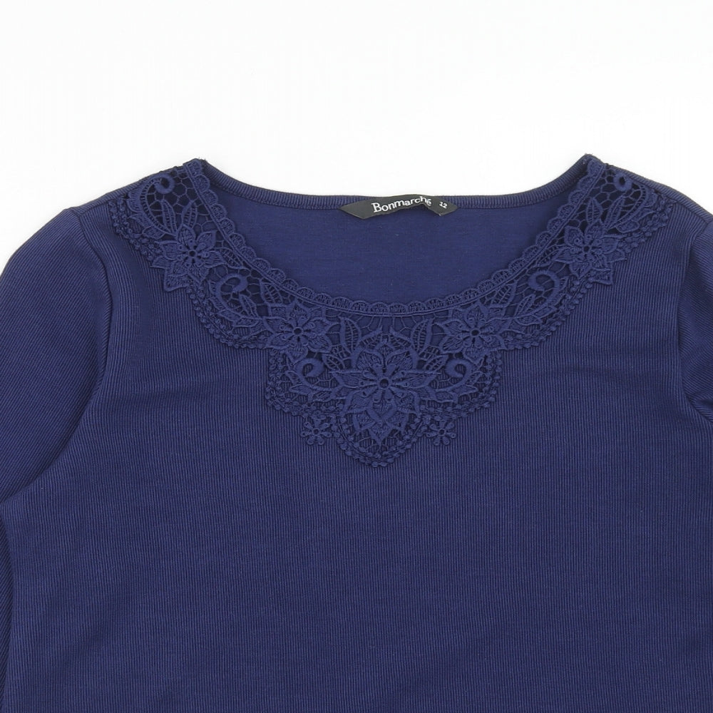 Bonmarché Womens Blue Boat Neck Polyester Pullover Jumper Size 12 - Crocheted Lace Detail