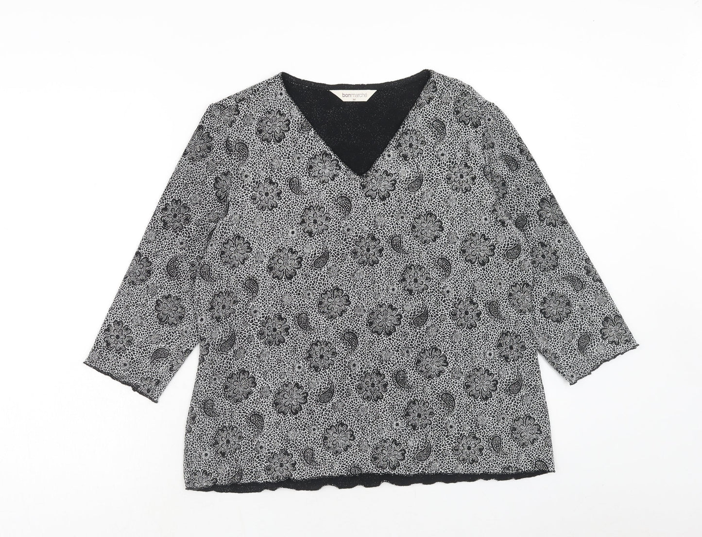 Bonmarché Womens Black Geometric Nylon Basic Blouse Size M V-Neck