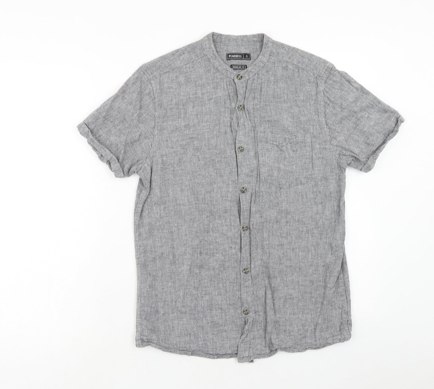 Peacocks Mens Grey Cotton Button-Up Size S Round Neck Button