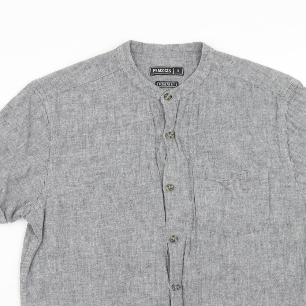 Peacocks Mens Grey Cotton Button-Up Size S Round Neck Button