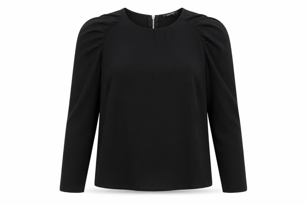 Primark Womens Black Polyester Basic Blouse Size 12 Scoop Neck - Ruched Sleeve