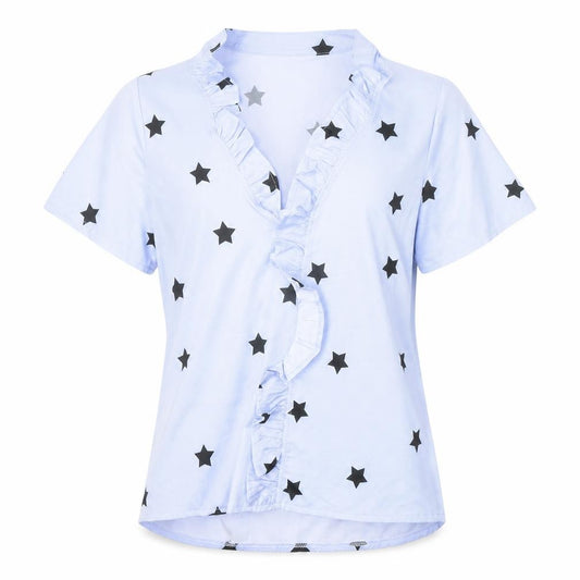 Preworn Womens Blue Geometric Polyester Basic Blouse Size M V-Neck - Stars