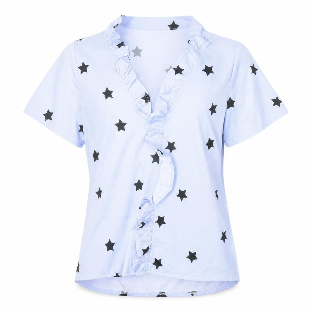 Preworn Womens Blue Geometric Polyester Basic Blouse Size M V-Neck - Stars