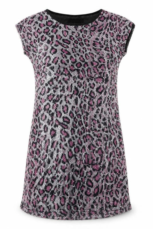 Heaven Womens Silver Animal Print Polyester T-Shirt Dress Size 8 Round Neck Pullover - Leopard Pattern