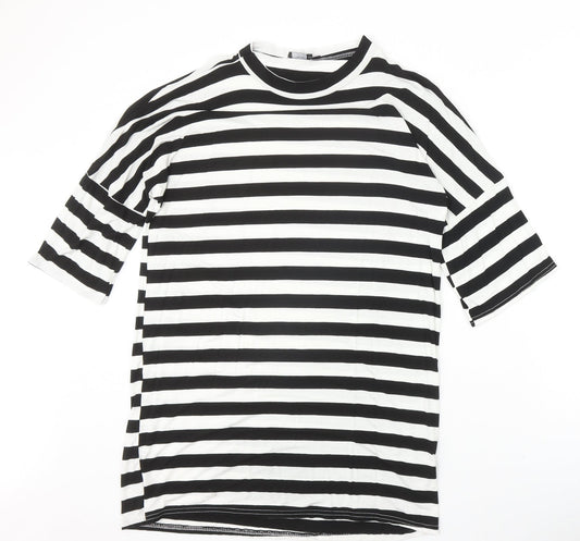 PRETTYLITTLETHING Womens Black Striped Viscose Basic Blouse Size 10 Round Neck