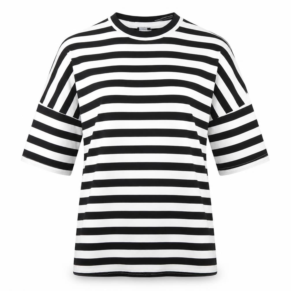 PRETTYLITTLETHING Womens Black Striped Viscose Basic Blouse Size 10 Round Neck