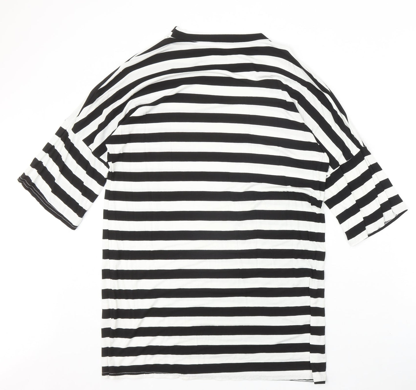 PRETTYLITTLETHING Womens Black Striped Viscose Basic Blouse Size 10 Round Neck