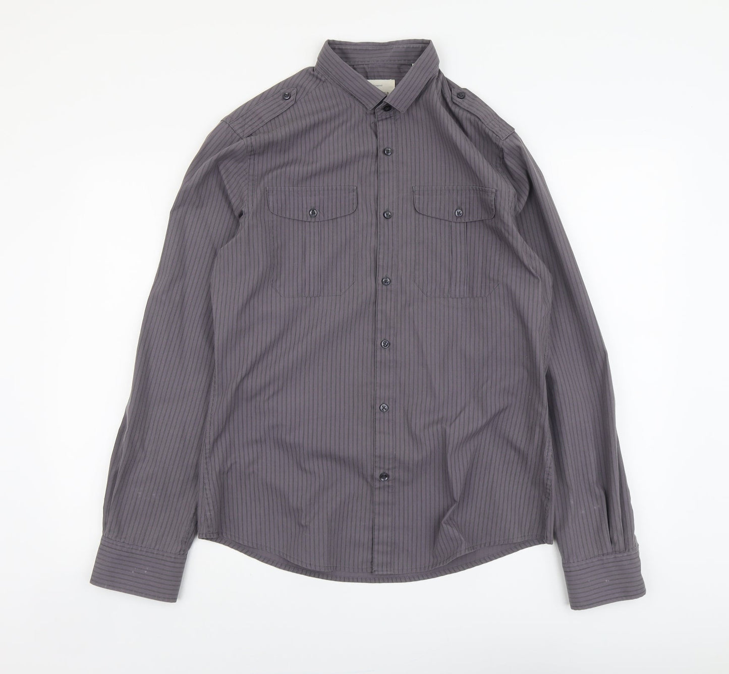 River Island Womens Grey Striped Polyester Basic Button-Up Size M Collared