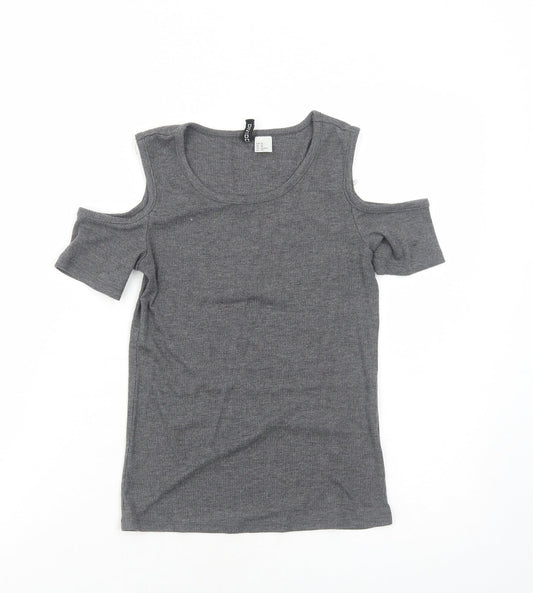 H&M Womens Grey Polyester Basic T-Shirt Size XS Round Neck - Cold Shoulder