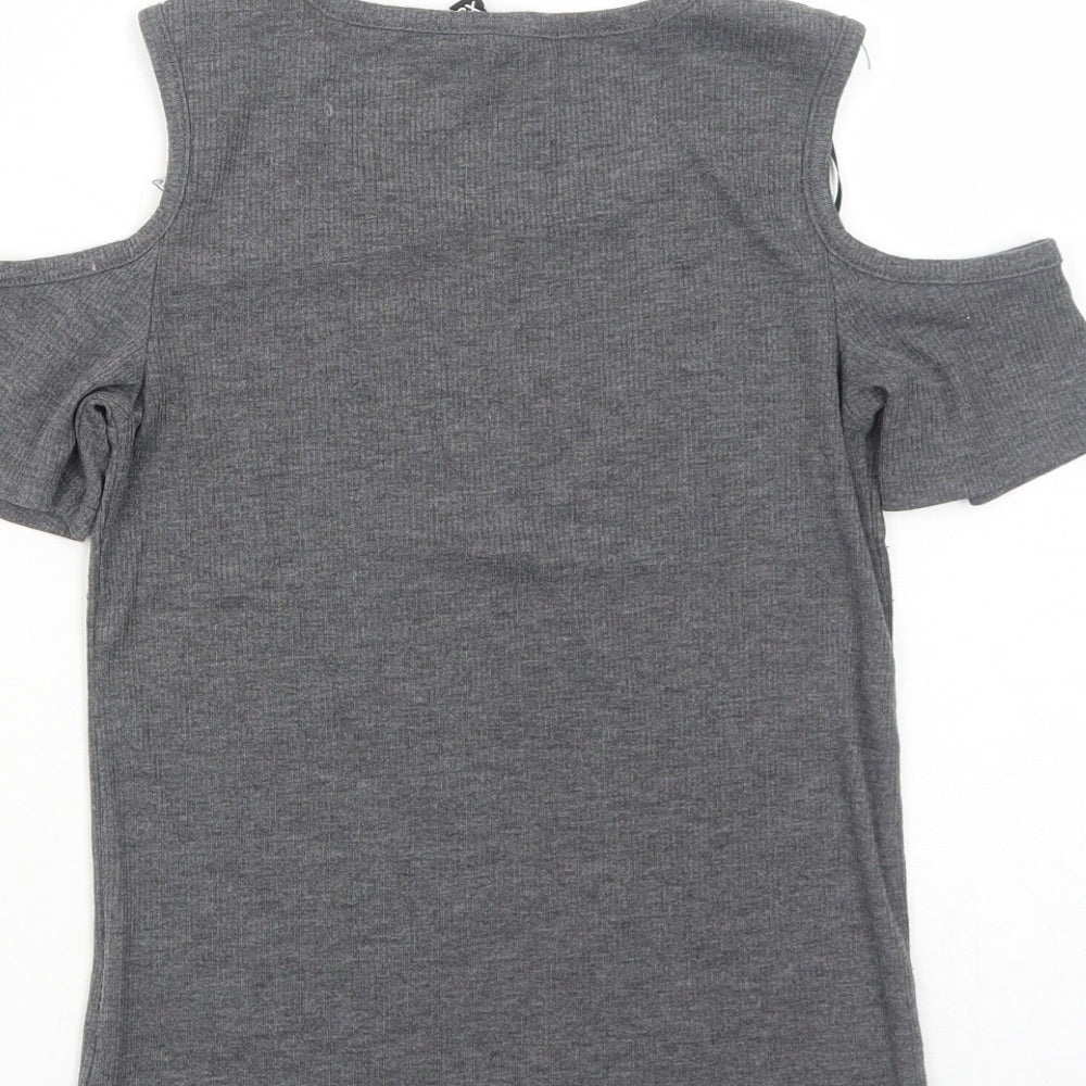 H&M Womens Grey Polyester Basic T-Shirt Size XS Round Neck - Cold Shoulder