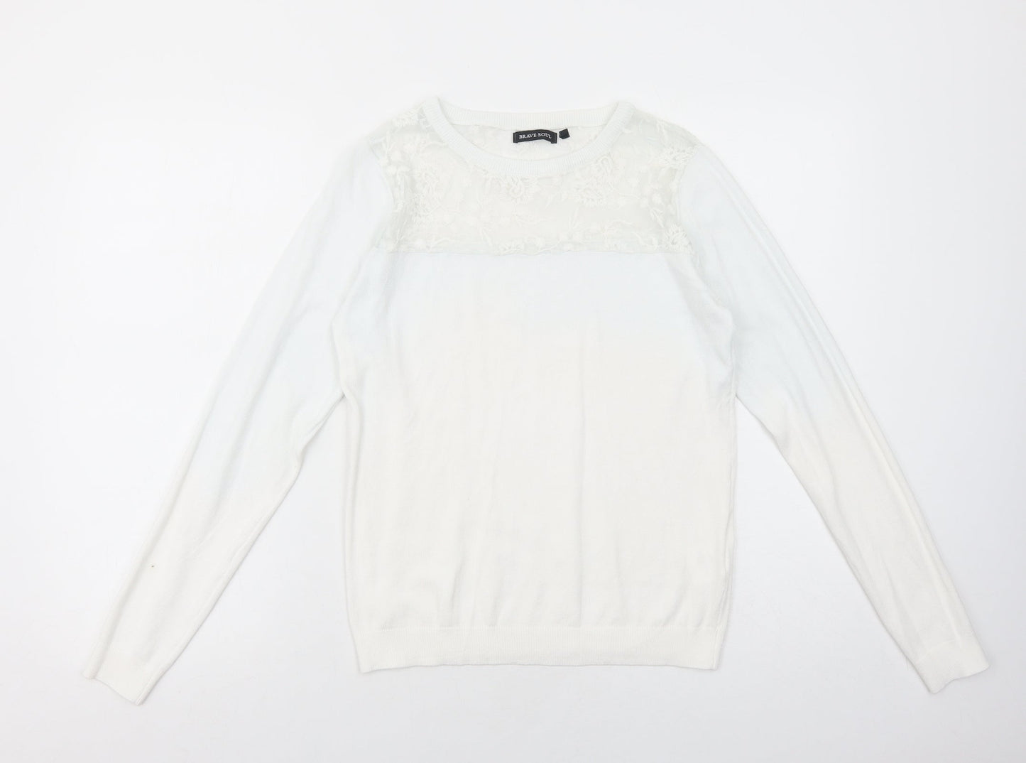 Brave Soul Womens White Boat Neck Viscose Pullover Jumper Size 14 - Lace Detail