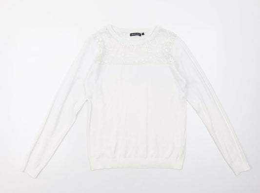 Brave Soul Womens White Boat Neck Viscose Pullover Jumper Size 14 - Lace Detail
