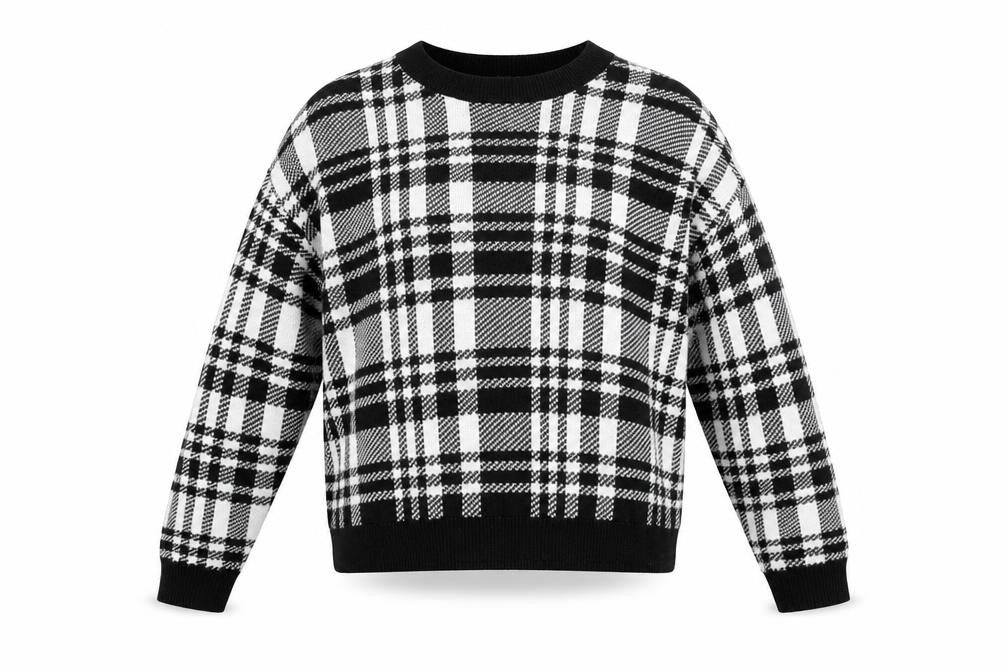 H&M Womens Black Boat Neck Plaid Acrylic Pullover Jumper Size M