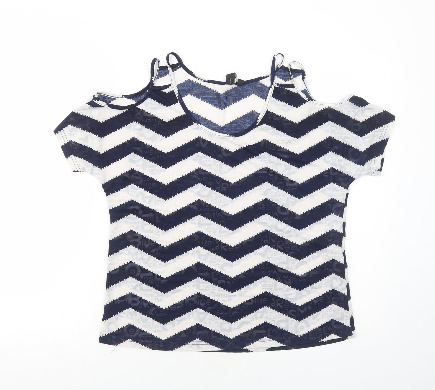 Izabel London Womens Blue Geometric Polyester Basic T-Shirt Size 8 Round Neck - Cold Shoulder