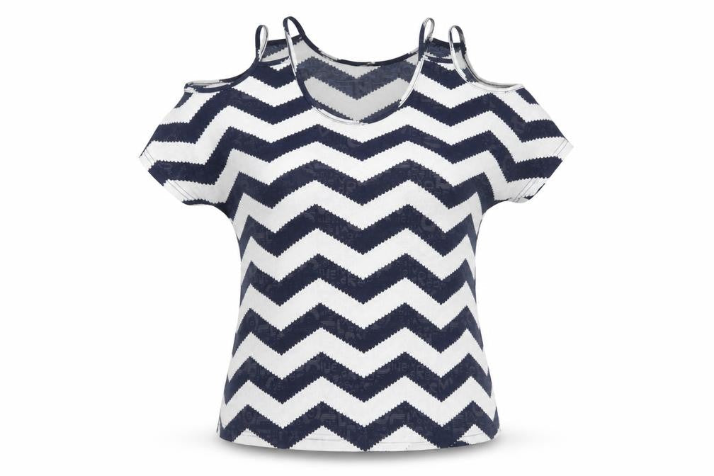 Izabel London Womens Blue Geometric Polyester Basic T-Shirt Size 8 Round Neck - Cold Shoulder