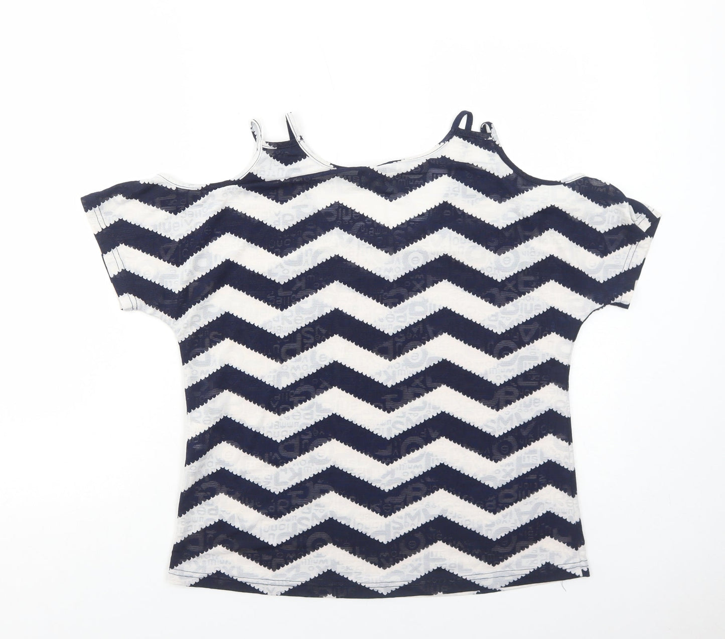Izabel London Womens Blue Geometric Polyester Basic T-Shirt Size 8 Round Neck - Cold Shoulder