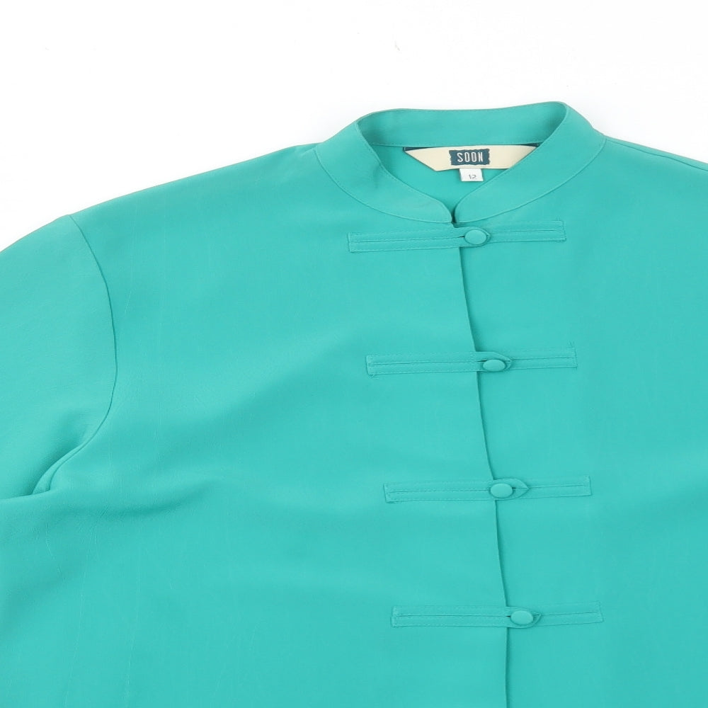 Soon Womens Green Polyester Basic Button-Up Size 12 Mock Neck