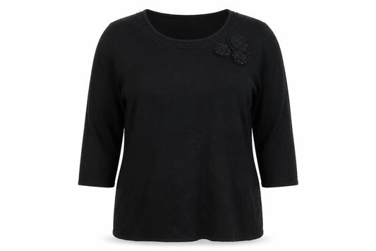 Berkertex Womens Black Round Neck Acrylic Pullover Jumper Size 20 - Flower Detail