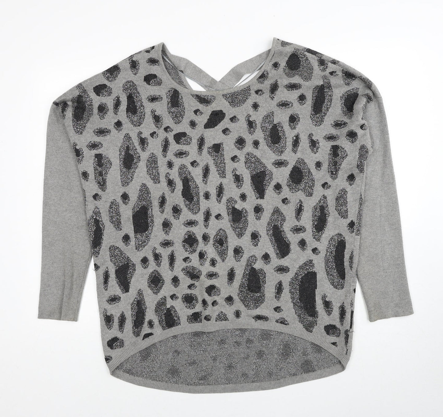 Fransa Womens Grey Round Neck Geometric Viscose Pullover Jumper Size L