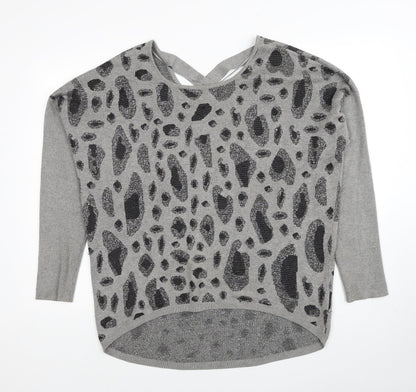 Fransa Womens Grey Round Neck Geometric Viscose Pullover Jumper Size L