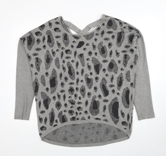 Fransa Womens Grey Round Neck Geometric Viscose Pullover Jumper Size L