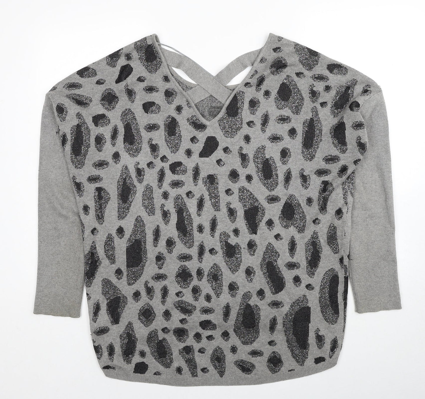 Fransa Womens Grey Round Neck Geometric Viscose Pullover Jumper Size L