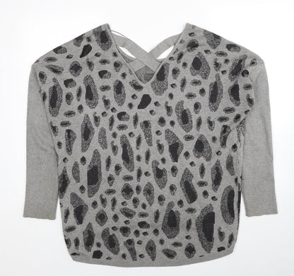 Fransa Womens Grey Round Neck Geometric Viscose Pullover Jumper Size L