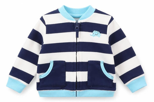 Front view of Little Me boys’ blue striped cotton jacket, size 6-9, months regular zip - elephant