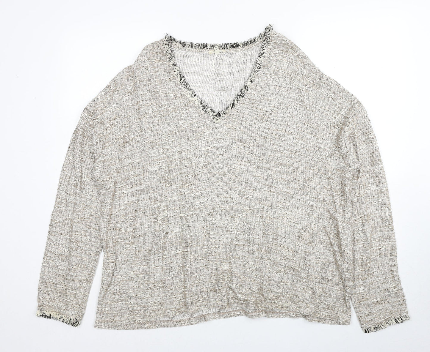 River Island Womens Grey V-Neck Viscose Pullover Jumper Size 14 - Fringe Trim