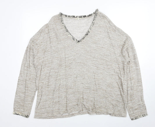 River Island Womens Grey V-Neck Viscose Pullover Jumper Size 14 - Fringe Trim