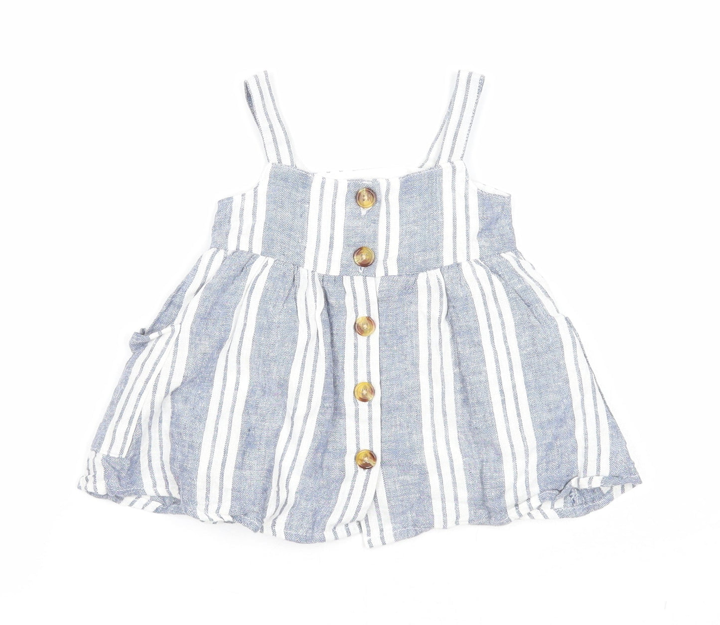 Primark Girls Blue Striped Polyester A-Line Size 0-3 Months Square Neck Button