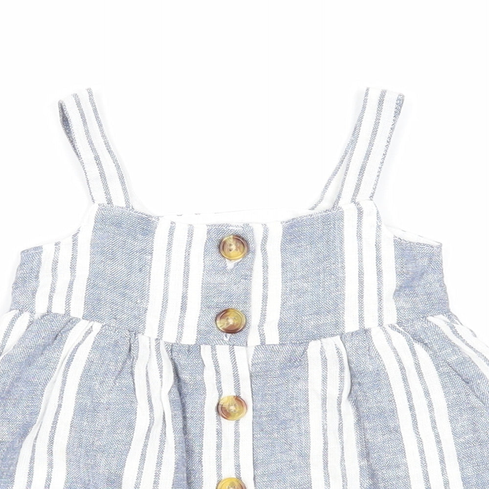 Primark Girls Blue Striped Polyester A-Line Size 0-3 Months Square Neck Button