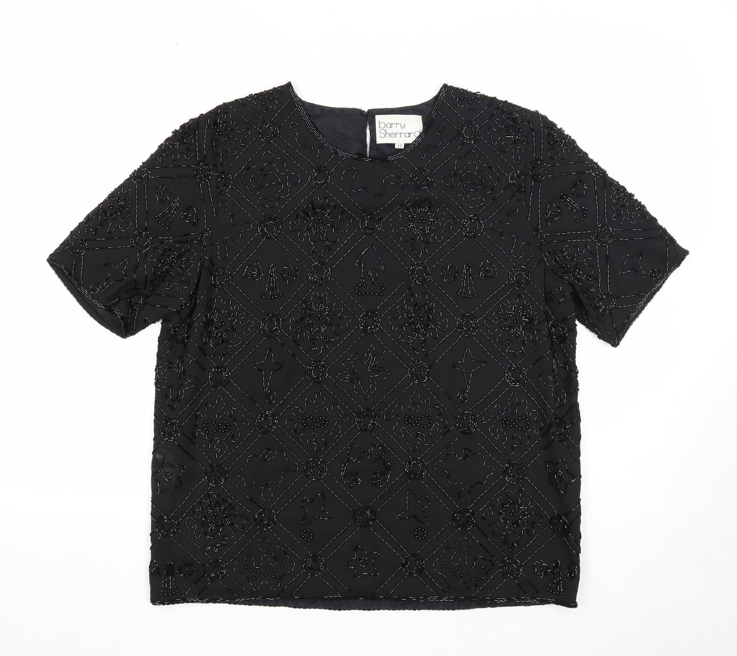Barry Sherrard Womens Black Geometric Polyester Basic T-Shirt Size 12 Round Neck
