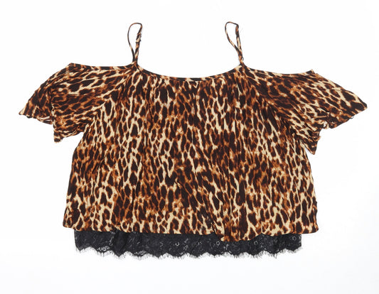 Select Womens Blue Animal Print Viscose Basic Blouse Size 10 Square Neck - Lace Detail, Leopard Print