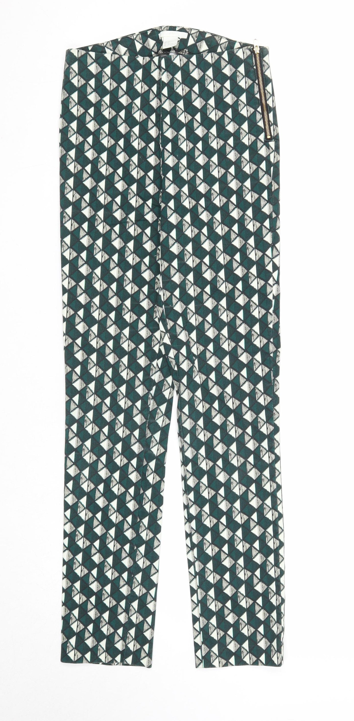 H&M Womens Green Geometric Cotton Trousers Size 6 Regular Zip