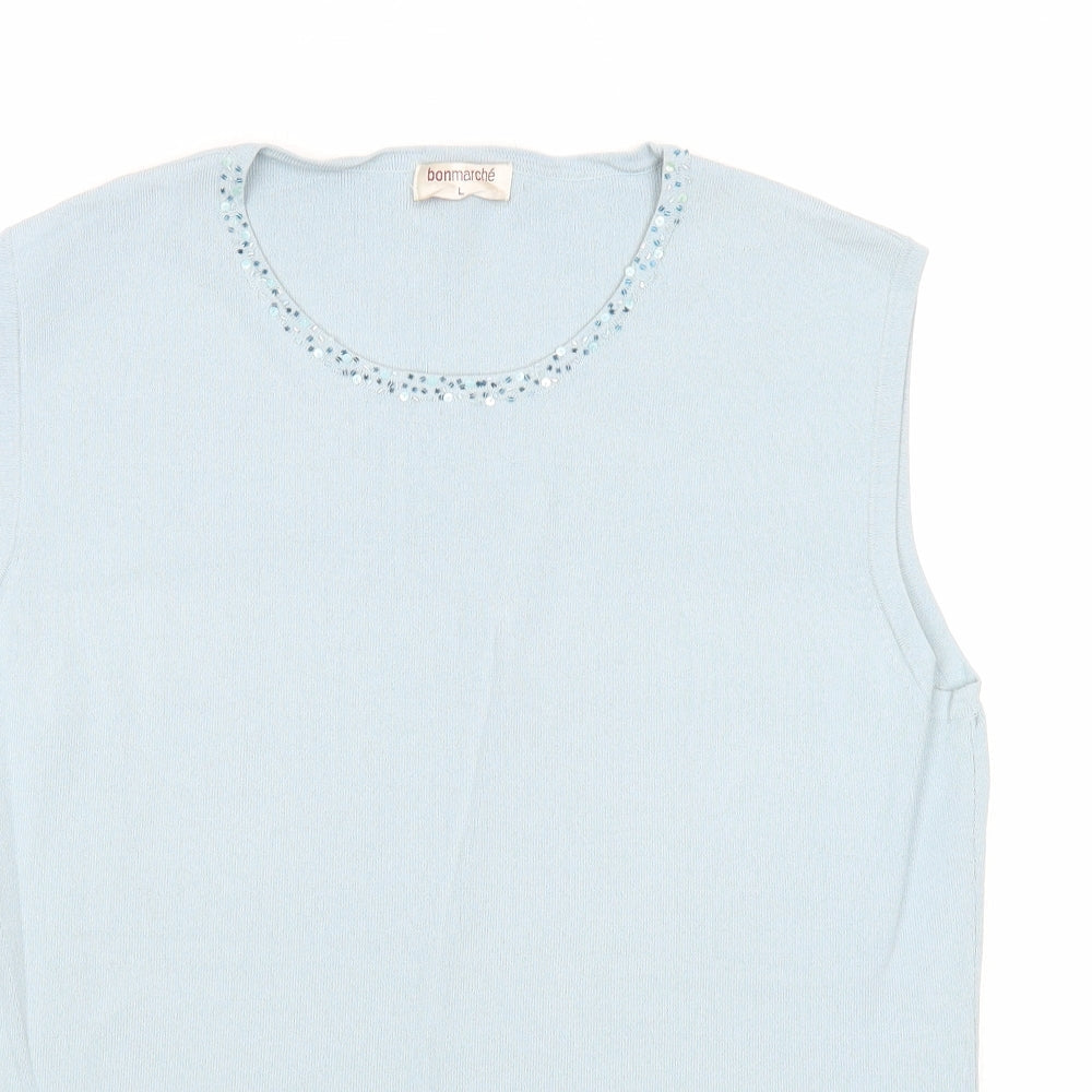 Bonmarché Womens Blue Viscose Basic Blouse Size L Round Neck - Embellished Neckline