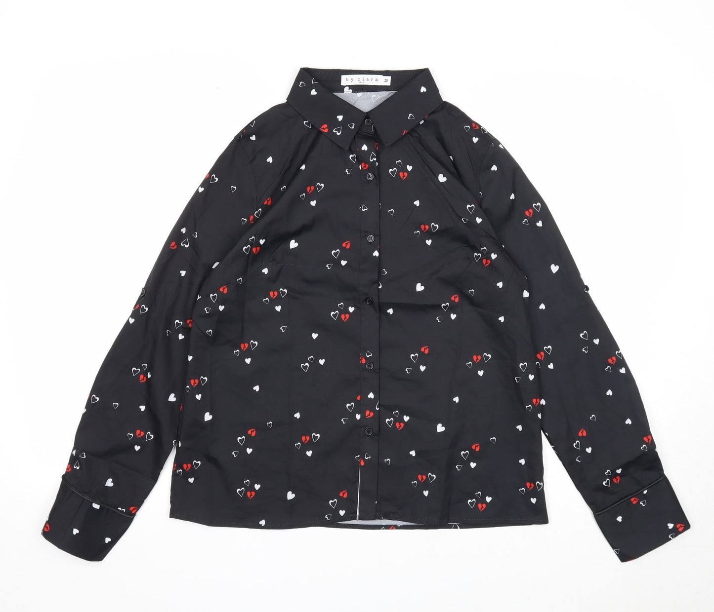 By Clara Womens Black Geometric Polyester Basic Button-Up Size M Collared - Heart Print