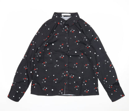 By Clara Womens Black Geometric Polyester Basic Button-Up Size M Collared - Heart Print