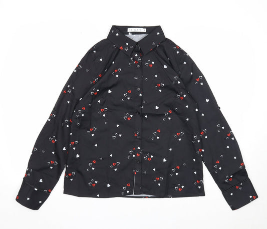 By Clara Womens Black Geometric Polyester Basic Button-Up Size M Collared - Heart Print